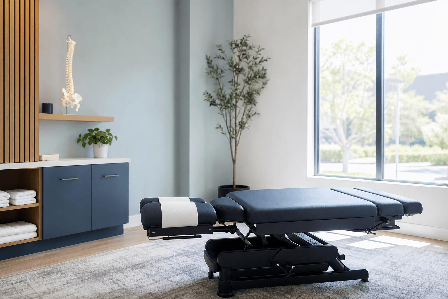 A professional chiropractic treatment room with a prepared table