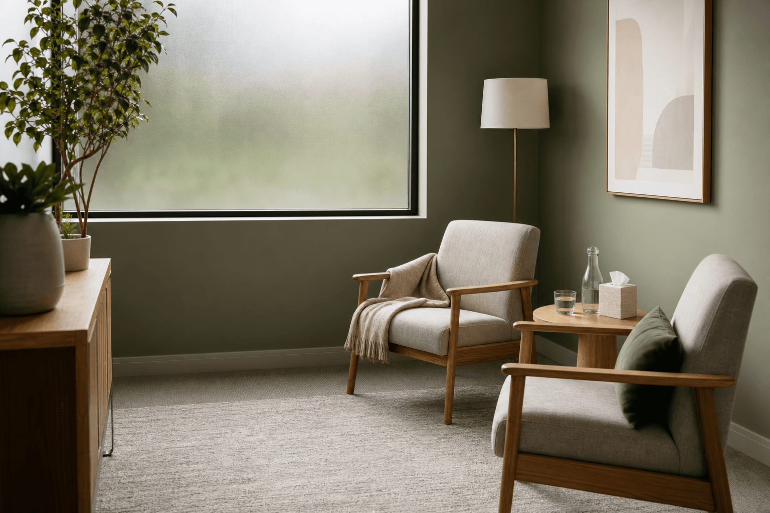 A private, composed counseling room ready for the next session