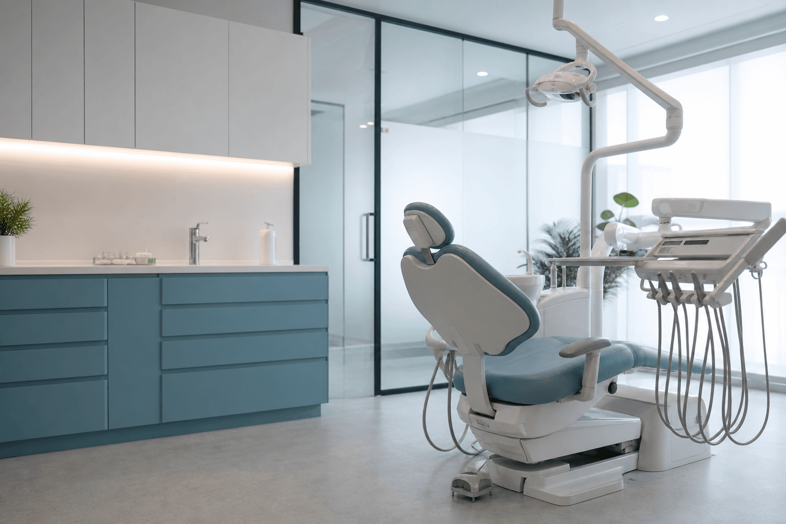 A bright, orderly dental treatment room prepared for an appointment