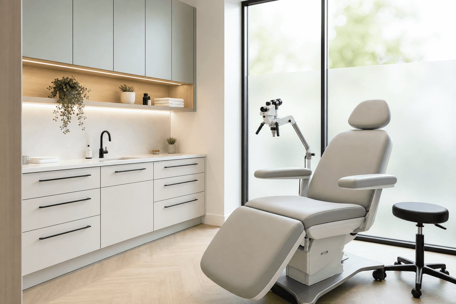 A modern dermatology examination room ready for a patient