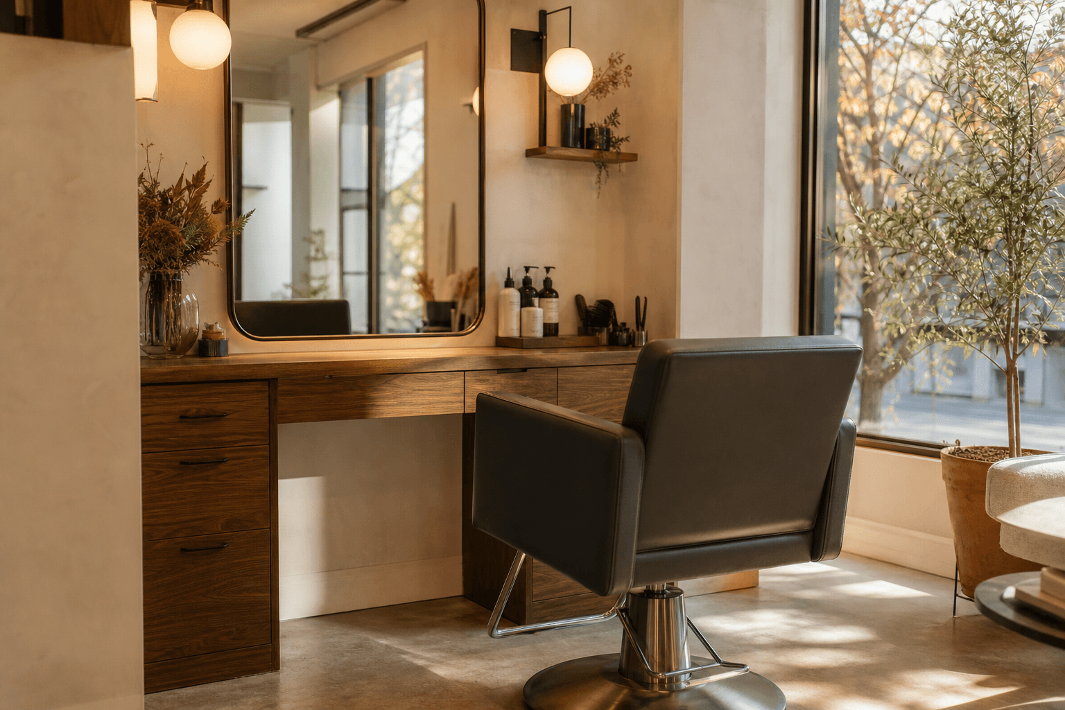 A warm premium hair salon station ready for the next client