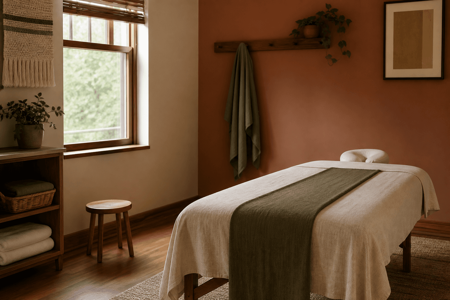 A warm professional massage therapy room prepared for a client