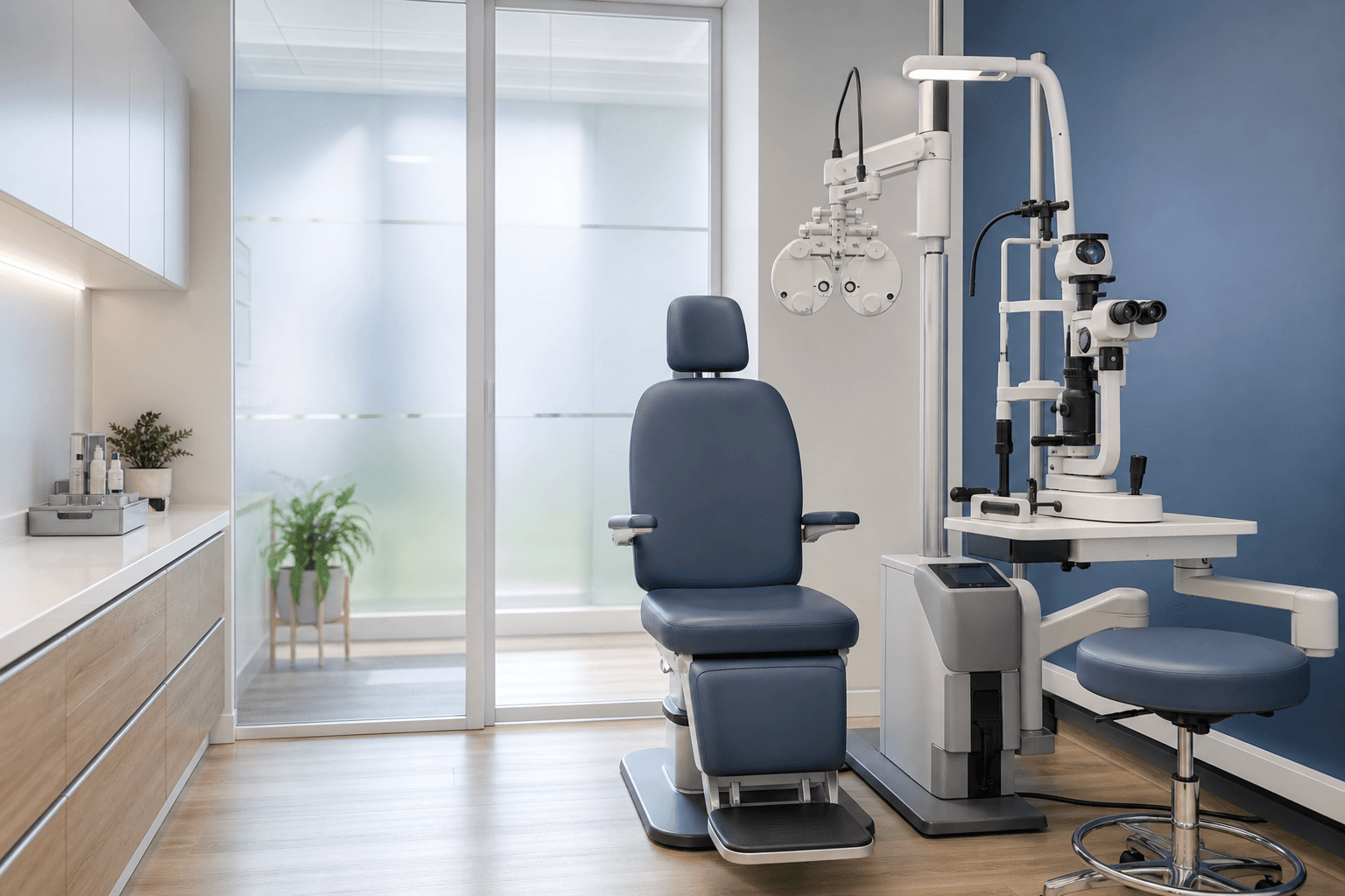 A clean optometry exam room with prepared eye-testing equipment