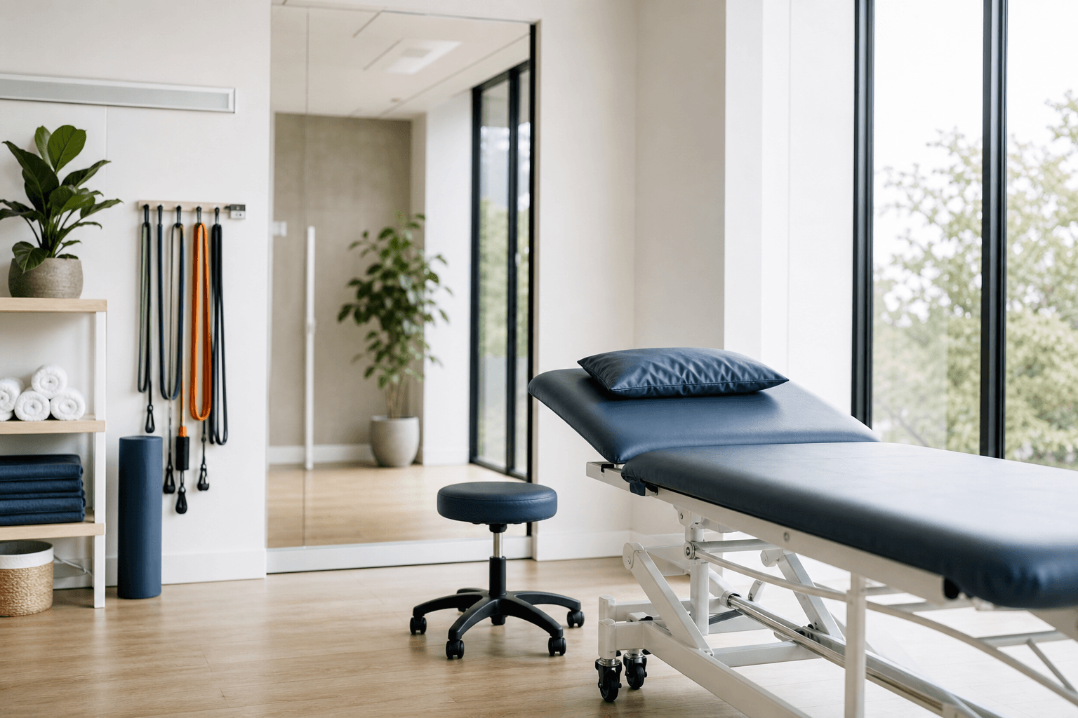 A bright physiotherapy treatment room prepared between sessions