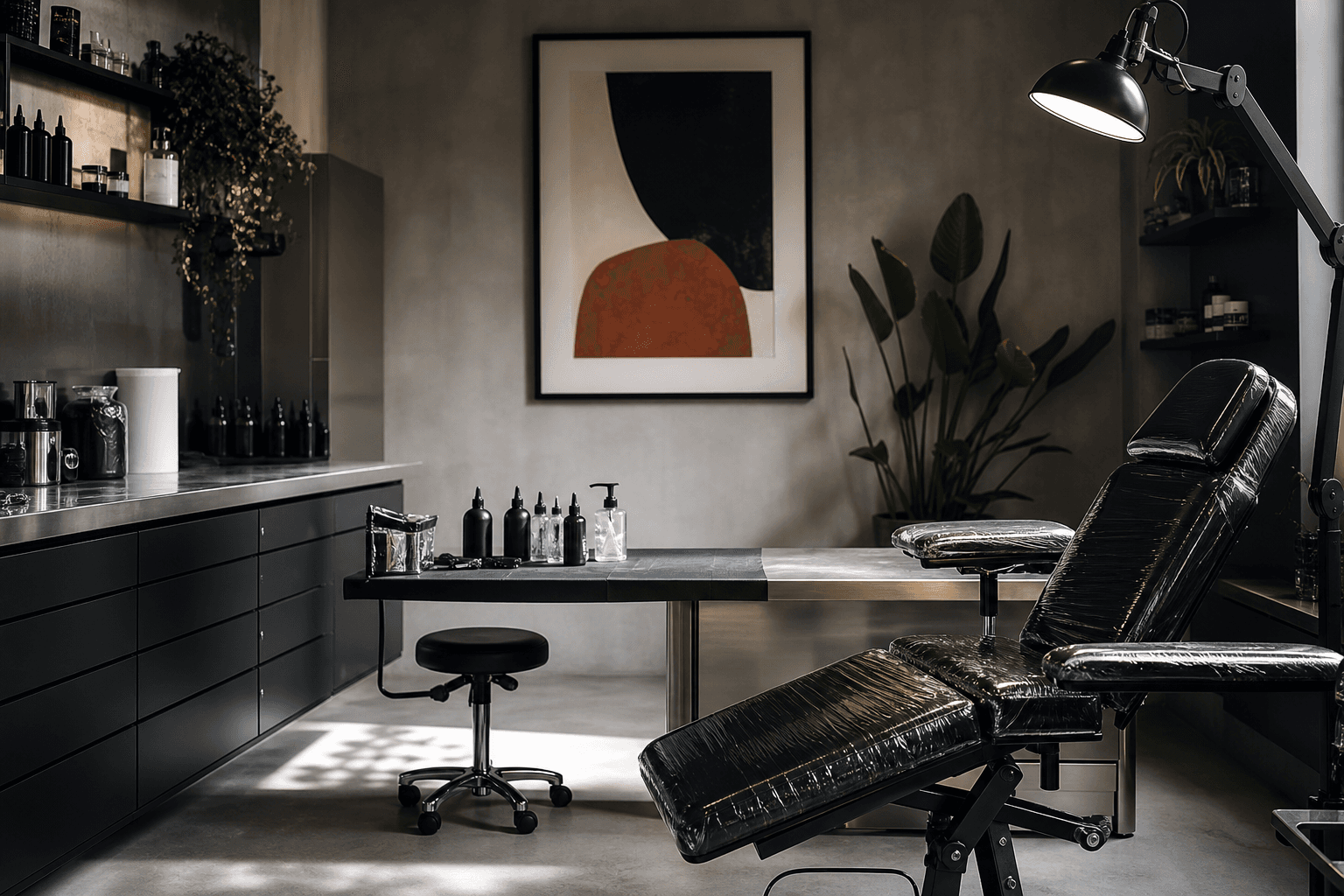 A clean contemporary tattoo studio workstation ready for a session